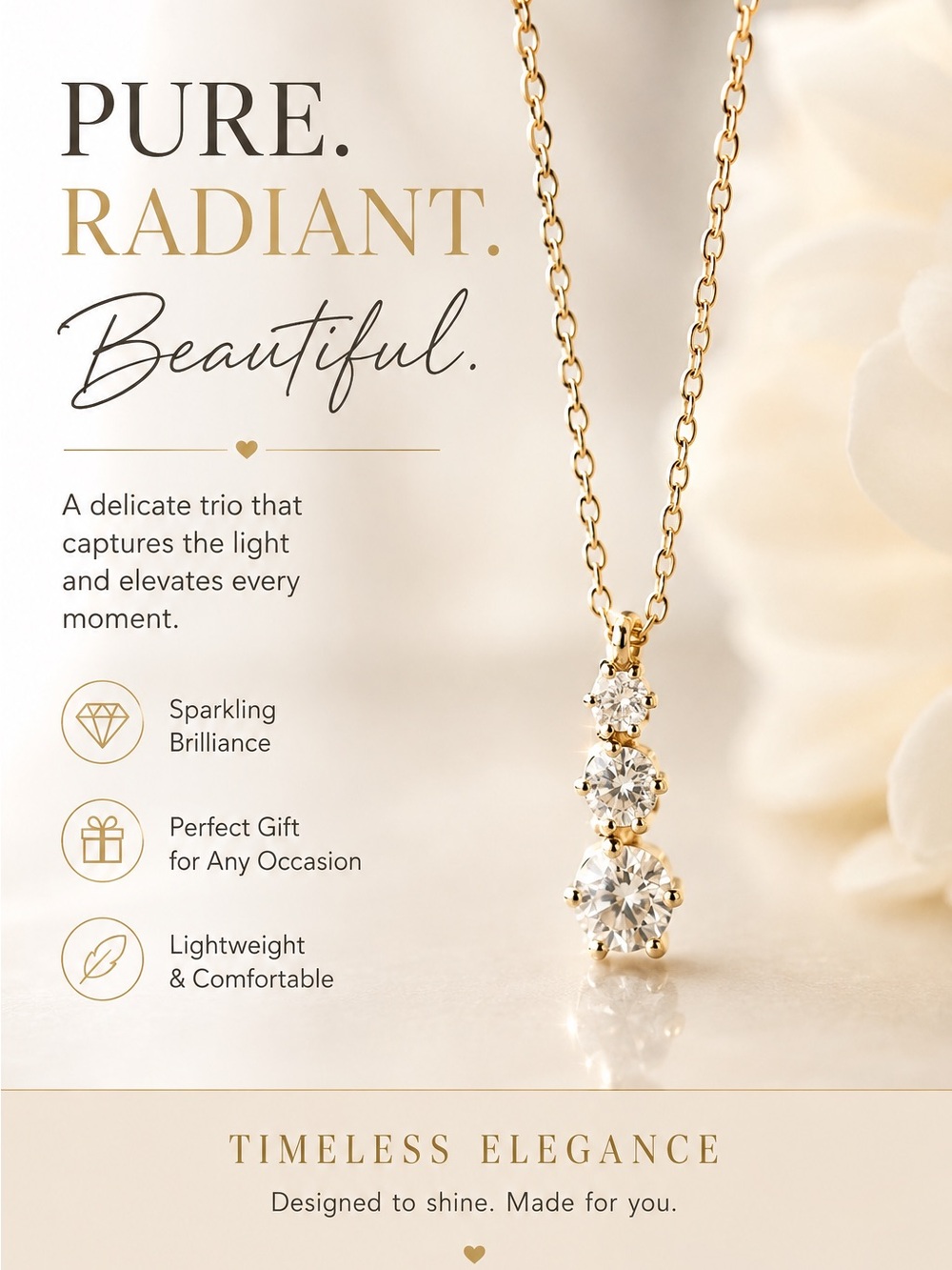 Stainless Steel Gold Finish Trio Pendant Necklace Radiant Sparkling Drop-8 1/2”